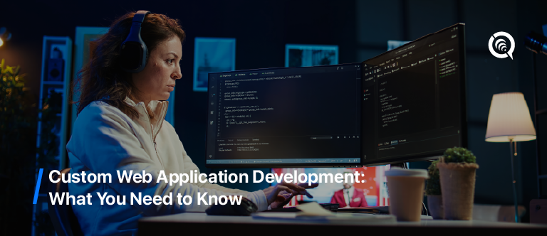 Developer building custom web application development using JavaScript, PHP, HTML, CSS, CMS, and C++ technologies on a laptop