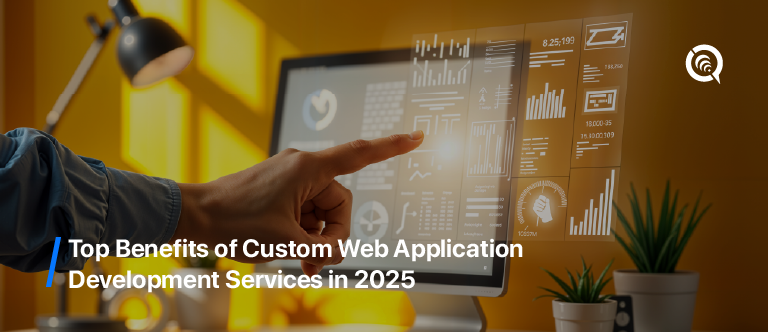 Person interacting with futuristic data dashboard representing benefits of custom web application development services in 2025