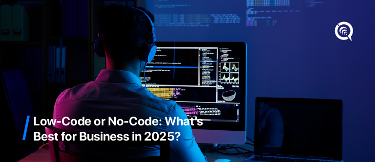 Developer comparing low-code vs no-code platforms on screen in 2025 workspace.
