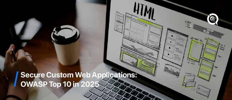 A person sketching a custom web application layout on paper beside a laptop displaying a wireframe design labeled "HTML", with a coffee cup nearby, representing secure web development practices for the OWASP Top 10 in 2025